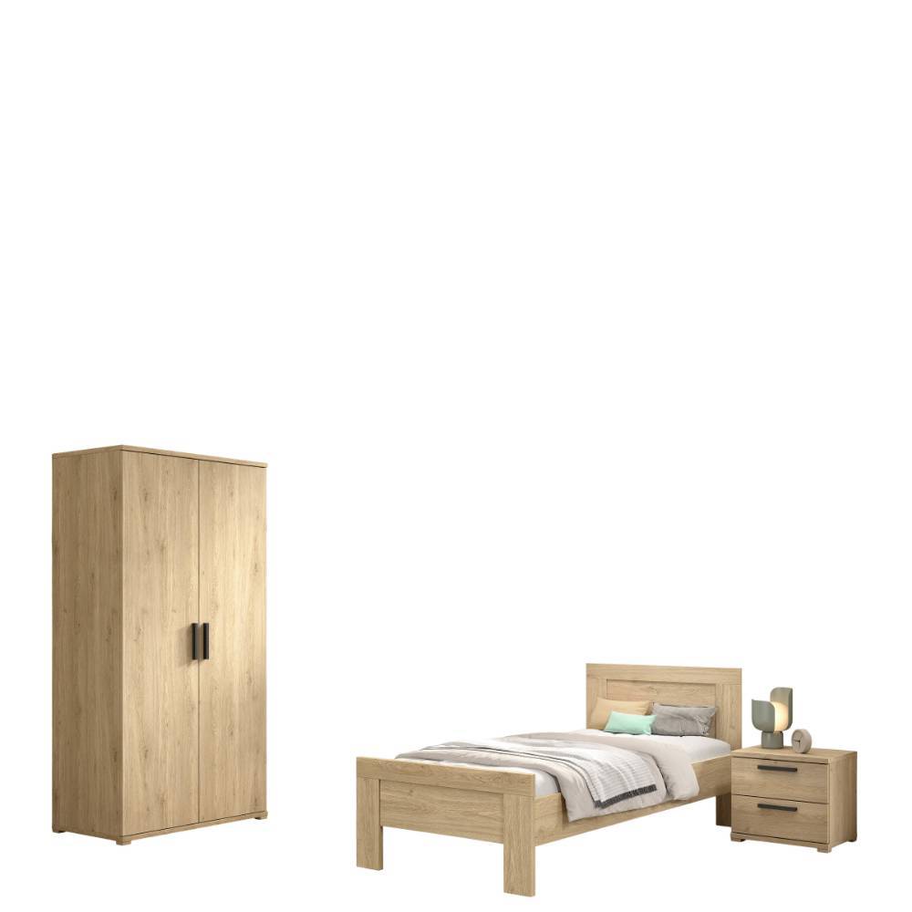 Jugendzimmer Möbelset dreiteilig mit Bett, Nachttisch und Kleiderschrank in Eiche – Choice