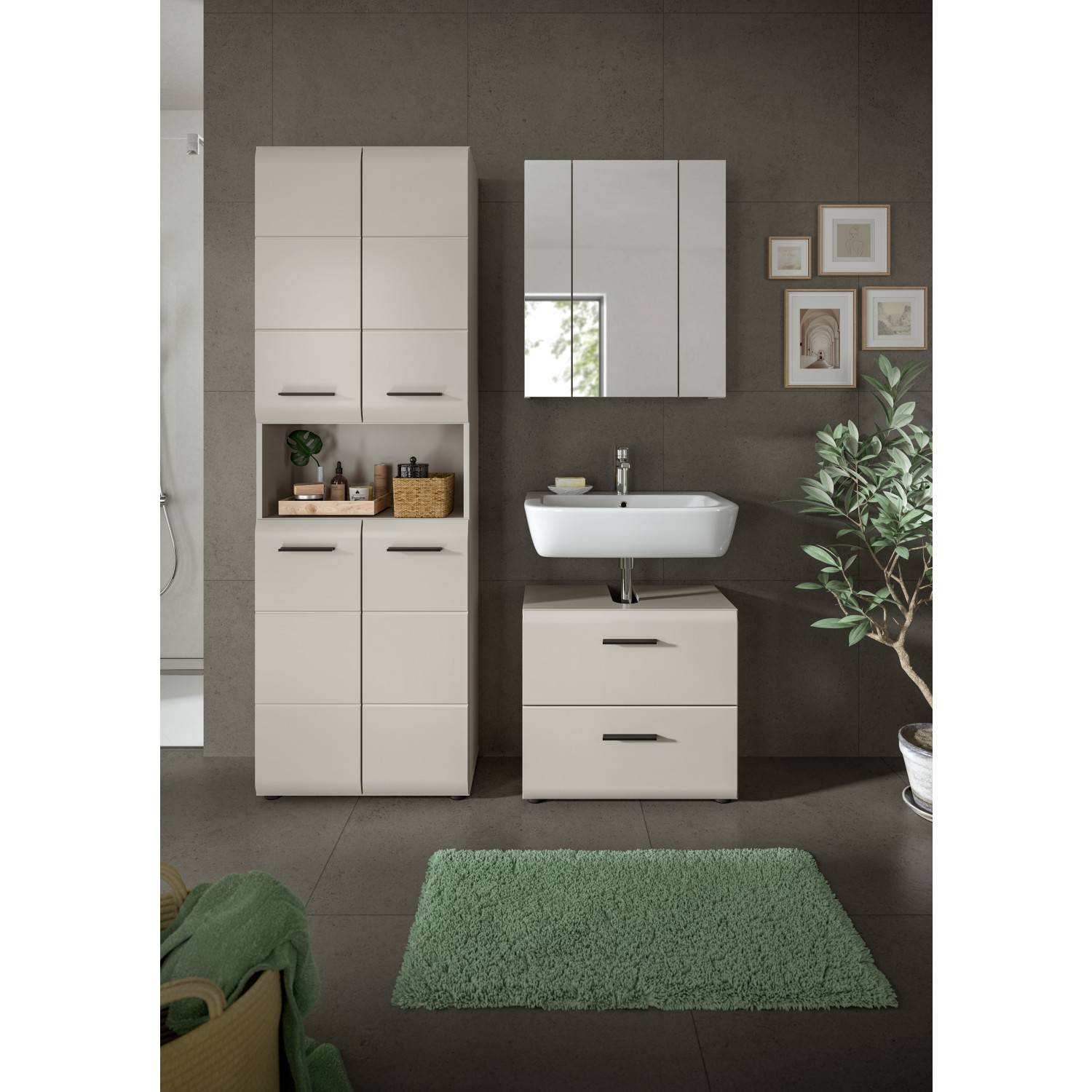 Beiges mattes 3-teiliges Waschplatz Set mit Hochschrank, Spiegelschrank und Waschtischunterschrank – Donostia