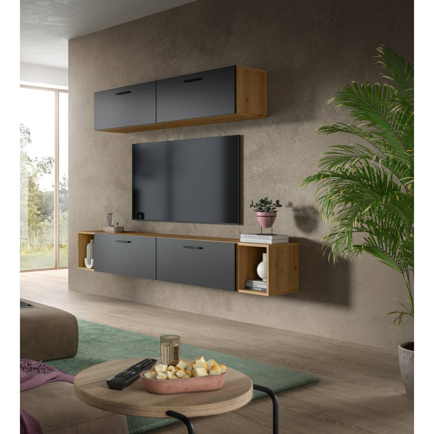 Medienwand in Anthrazit Holzoptik mit TV und Hängeschrank im modernen Wohnzimmer – Estoron