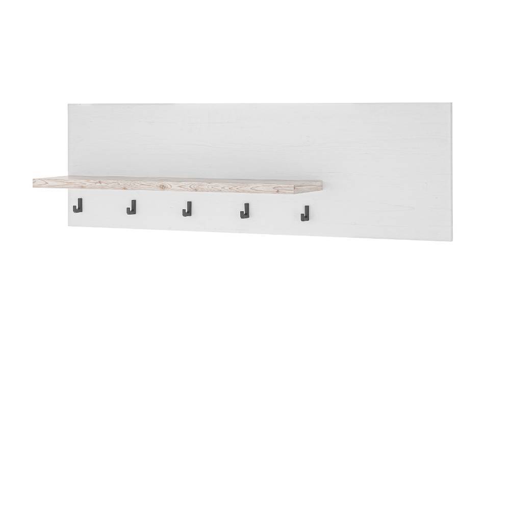 Küchenwandboard mit weißer Pinie-Optik, Ablagefläche und sechs schwarzen Haken – Nedita