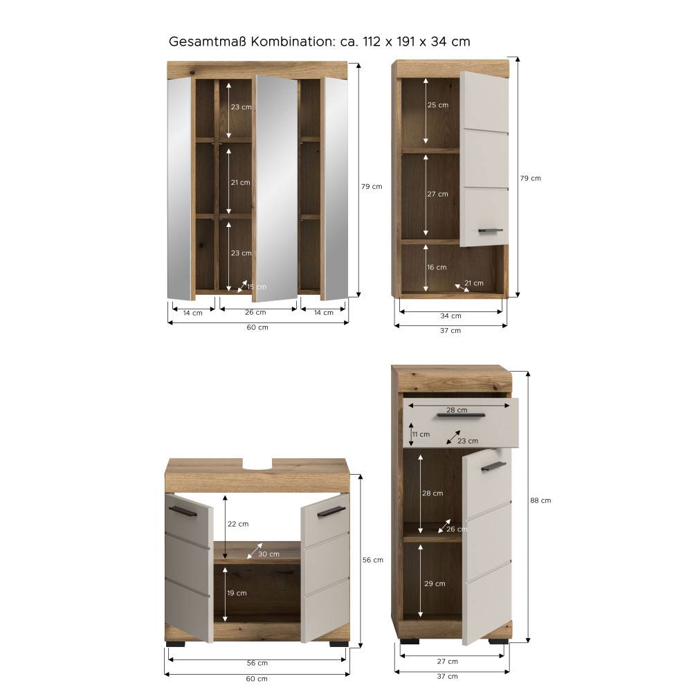 Badmöbel-Kombination Maße und Abmessungen, Spiegelschrank, Hochschrank, Waschbeckenunterschrank – Casserra