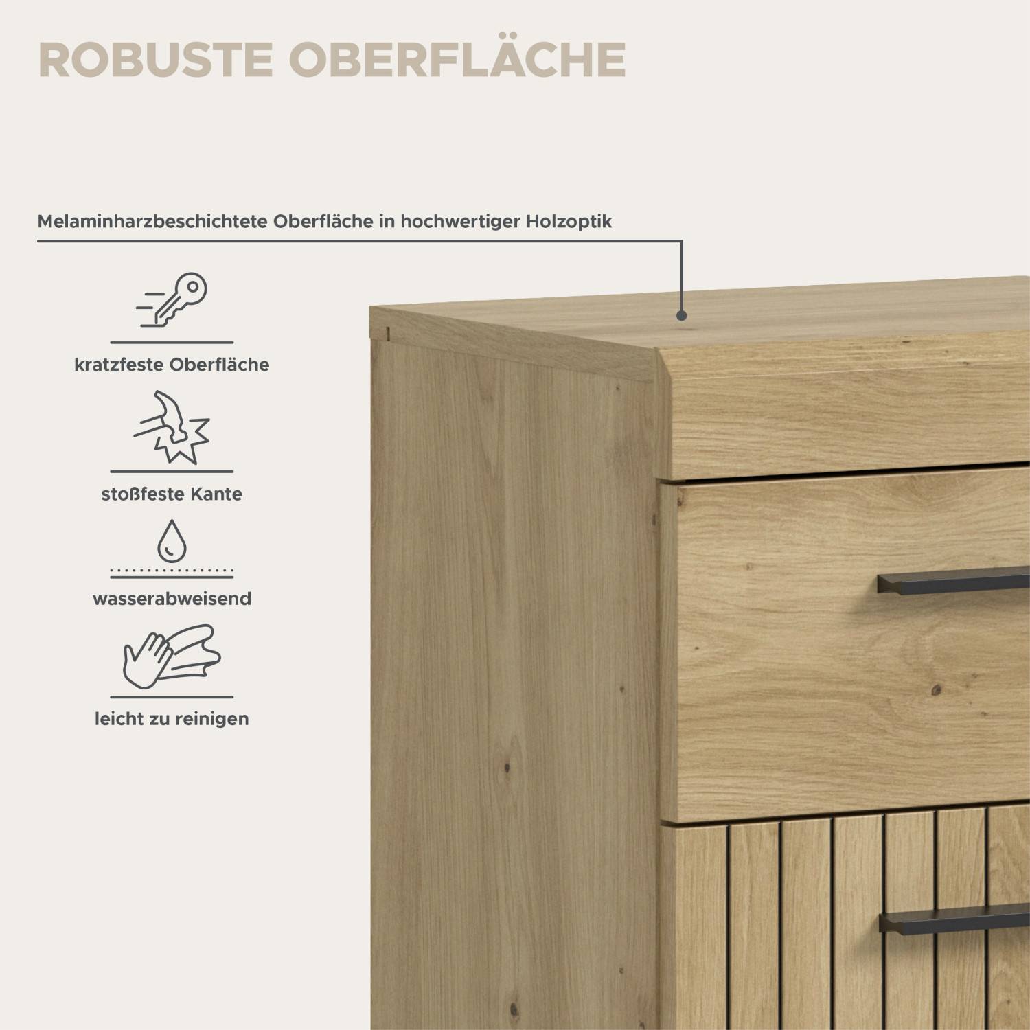 Robuste Melaminharzbeschichtete Oberfläche des Badschranks in Eiche Holzoptik kratzfest und pflegeleicht – Lasewood