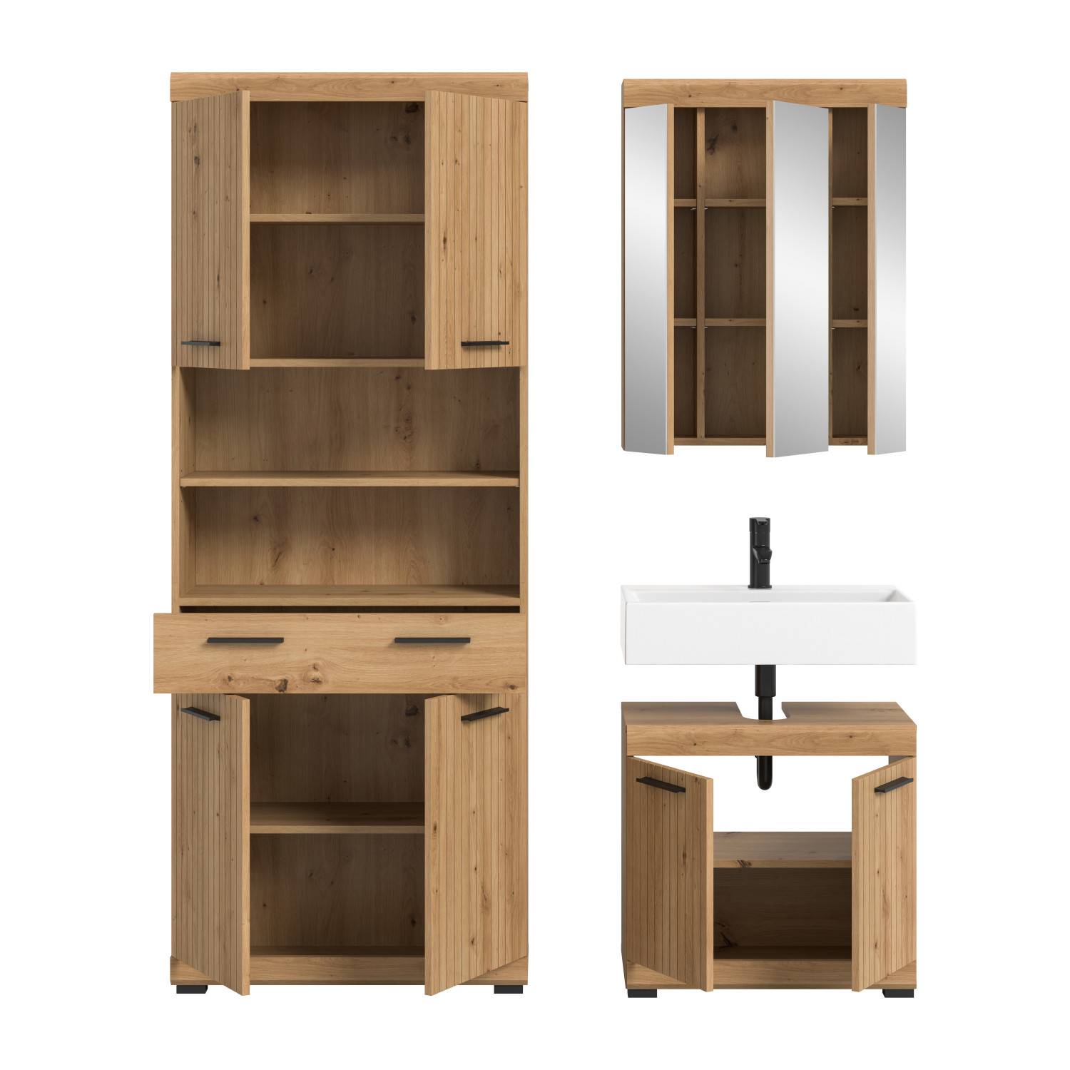 Offene Türen des dreiteiligen Badmöbelsets zeigen Innenfächer von Hochschrank, Waschtisch und Spiegelschrank – Lasewood