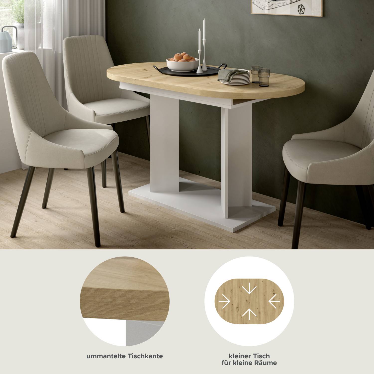 Ovaler Esstisch für kleine Räume mit ummantelter Tischkante und platzsparendem Design – Korres