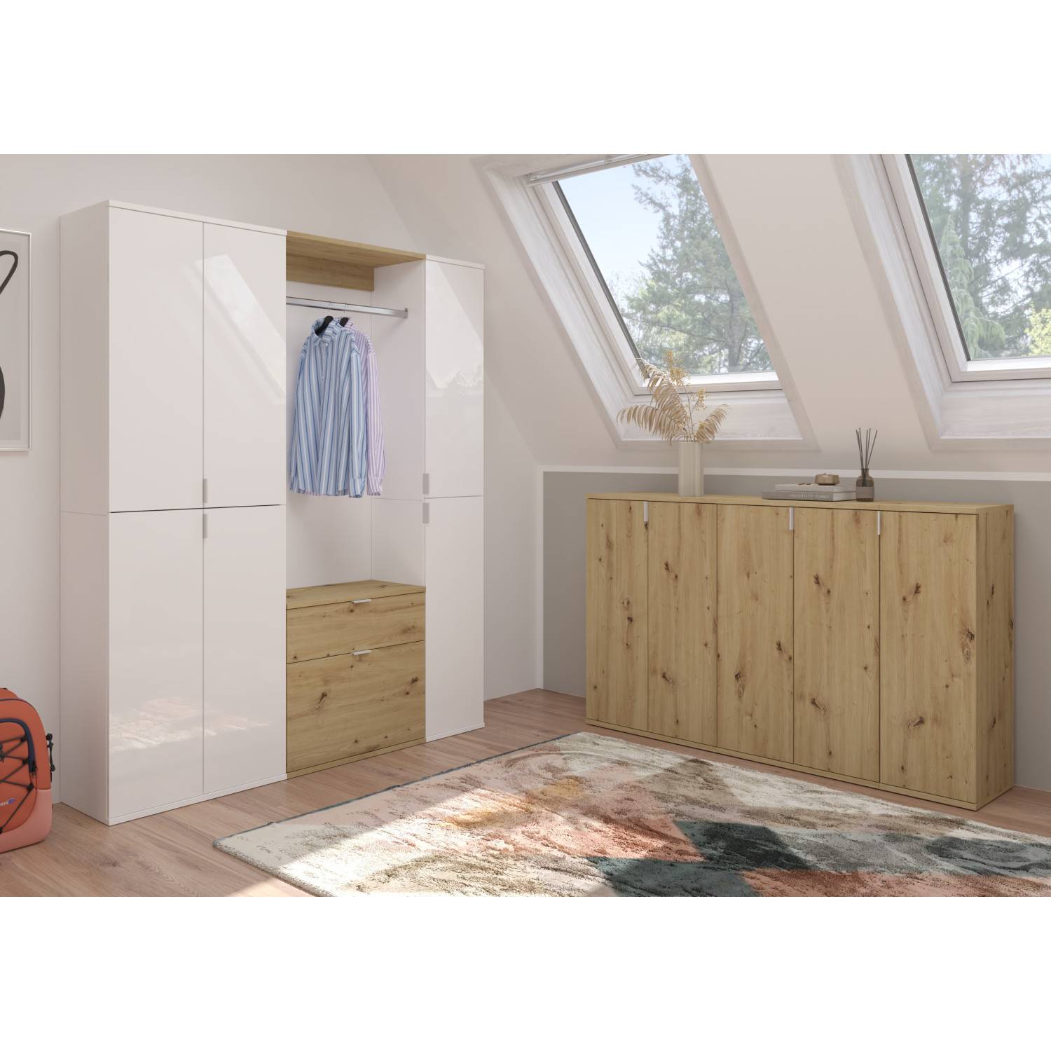 Komplettes Flurgarderobenset in Weiß und Holzoptik mit Schränken und Garderobe – Ejulia