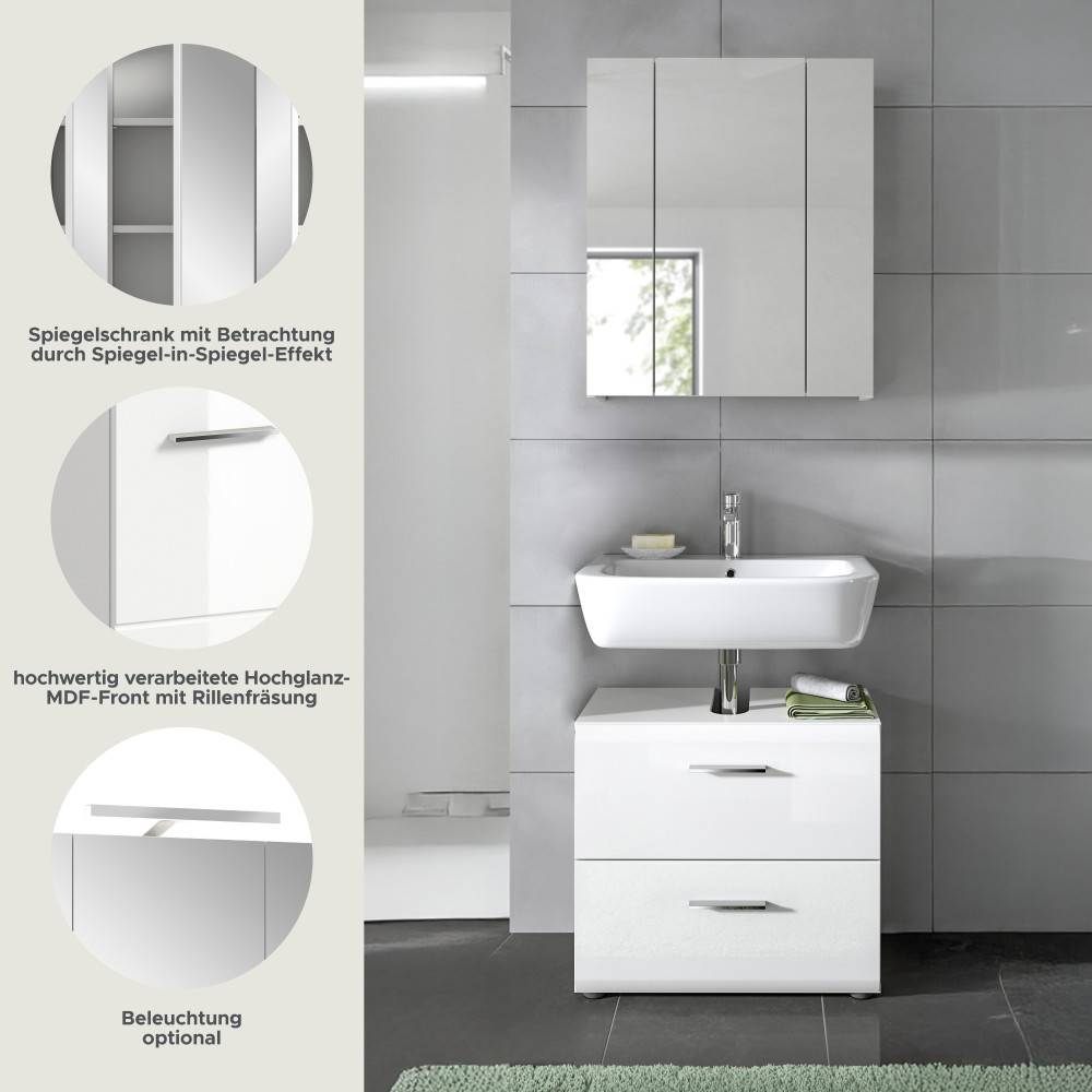 Spiegelschrank mit Spiegel-in-Spiegel-Effekt und Hochglanz-MDF-Front, Beleuchtung optional – Clona
