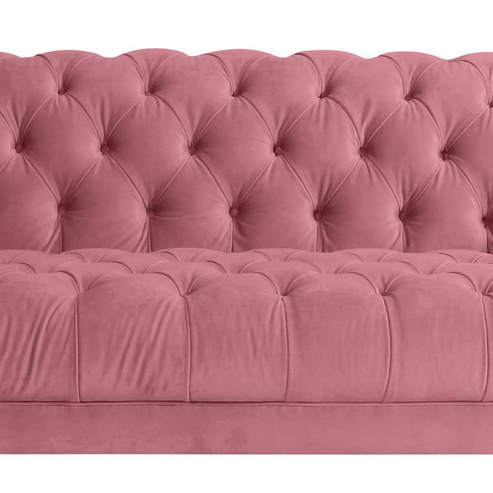 Chesterfield-Steppung der Rückenlehne und Sitzfläche des rosa Samtvelours Sofas – Clewono