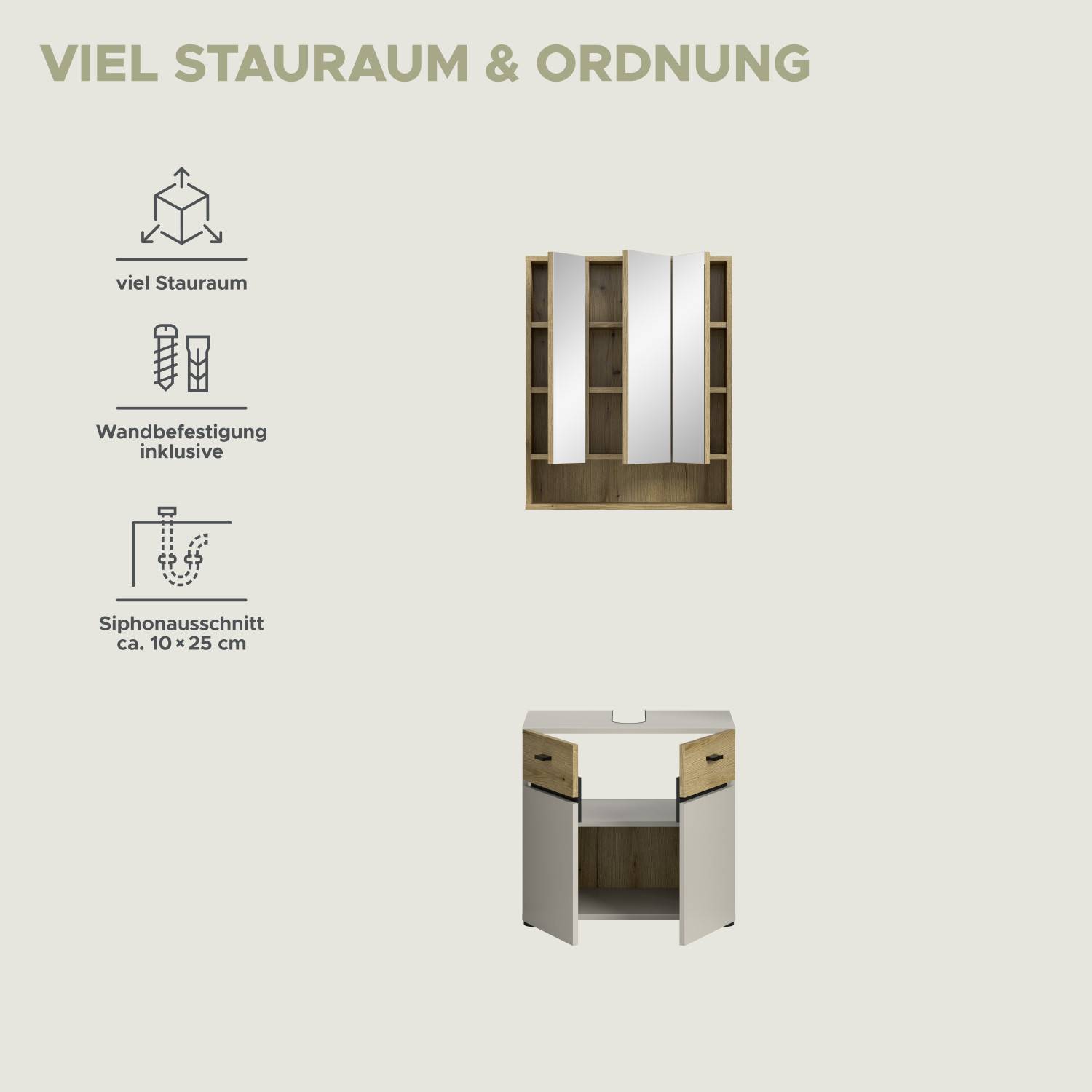 Kaschmir Waschplatz Set mit viel Stauraum, inklusive Spiegelschrank, Waschtischunterschrank und Wandbefestigung – Majoristo