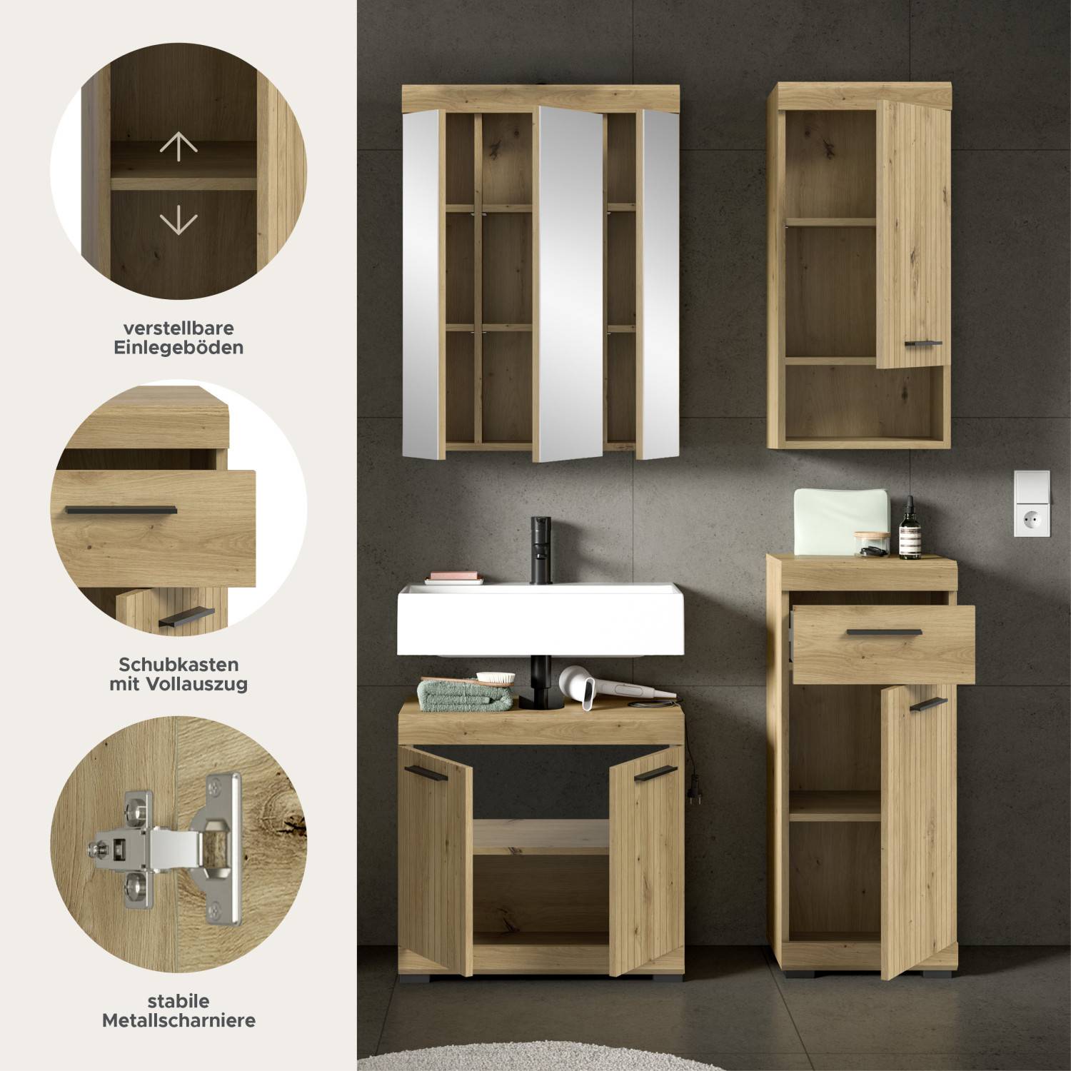 Verstellbare Einlegeböden, Schubkasten mit Vollauszug und stabile Metallscharniere des Badmöbel Sets – Lasewood