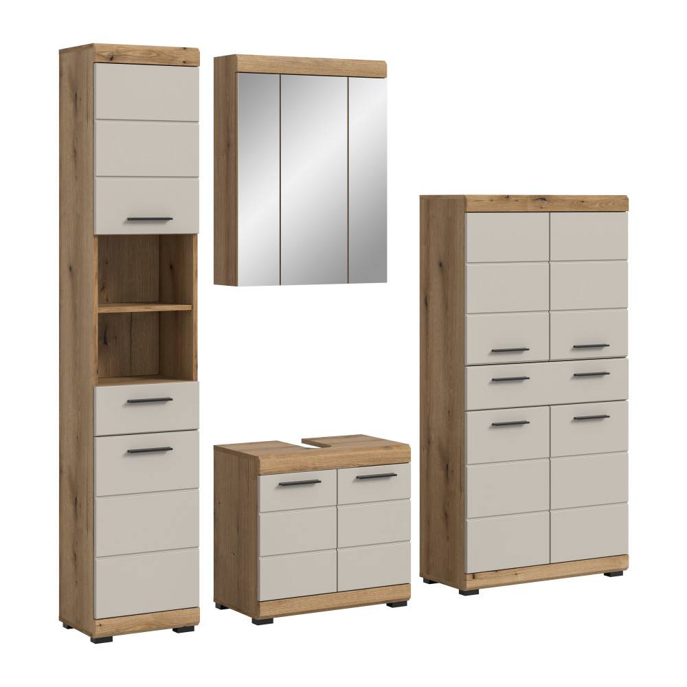 Vierteiliges Badmöbelkomplettset mit Waschplatz, Hochschrank und Spiegelschrank in heller Holzoptik – Casserra