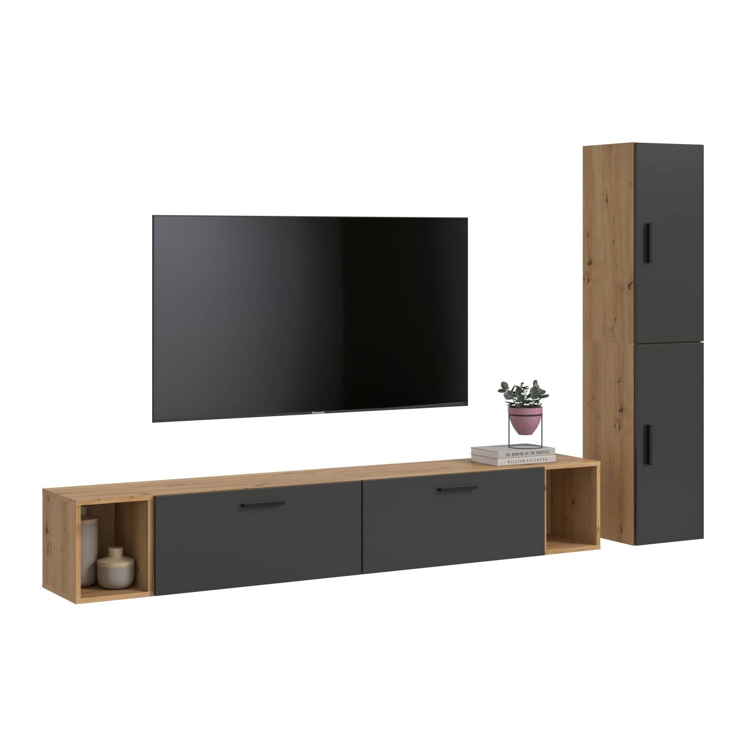 Zweifarbige Wohnwand in Dunkelgrau und Holzoptik mit TV-Lowboard und hohem Stauraumschrank – Estoron