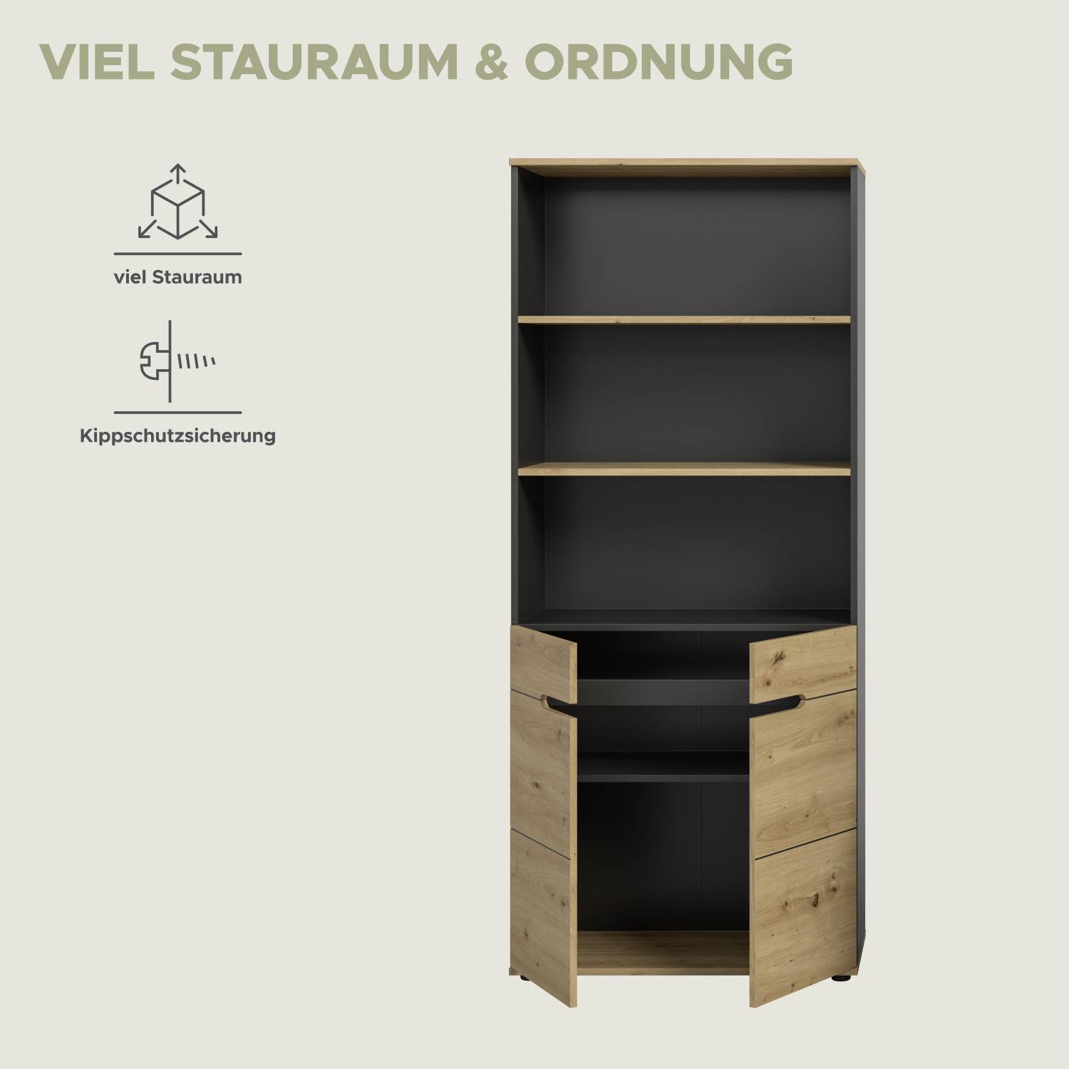 Büroschrank mit viel Stauraum und Kippschutzsicherung für sichere Aufbewahrung und Ordnung – Irysma
