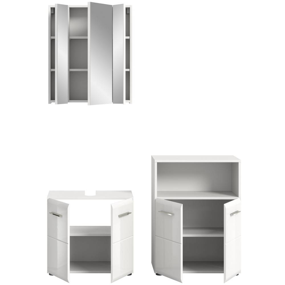Dreiteiliges Badmöbelset mit Spiegelschrank, Waschtischunterschrank und Hochschrank, Türen offen – Clona