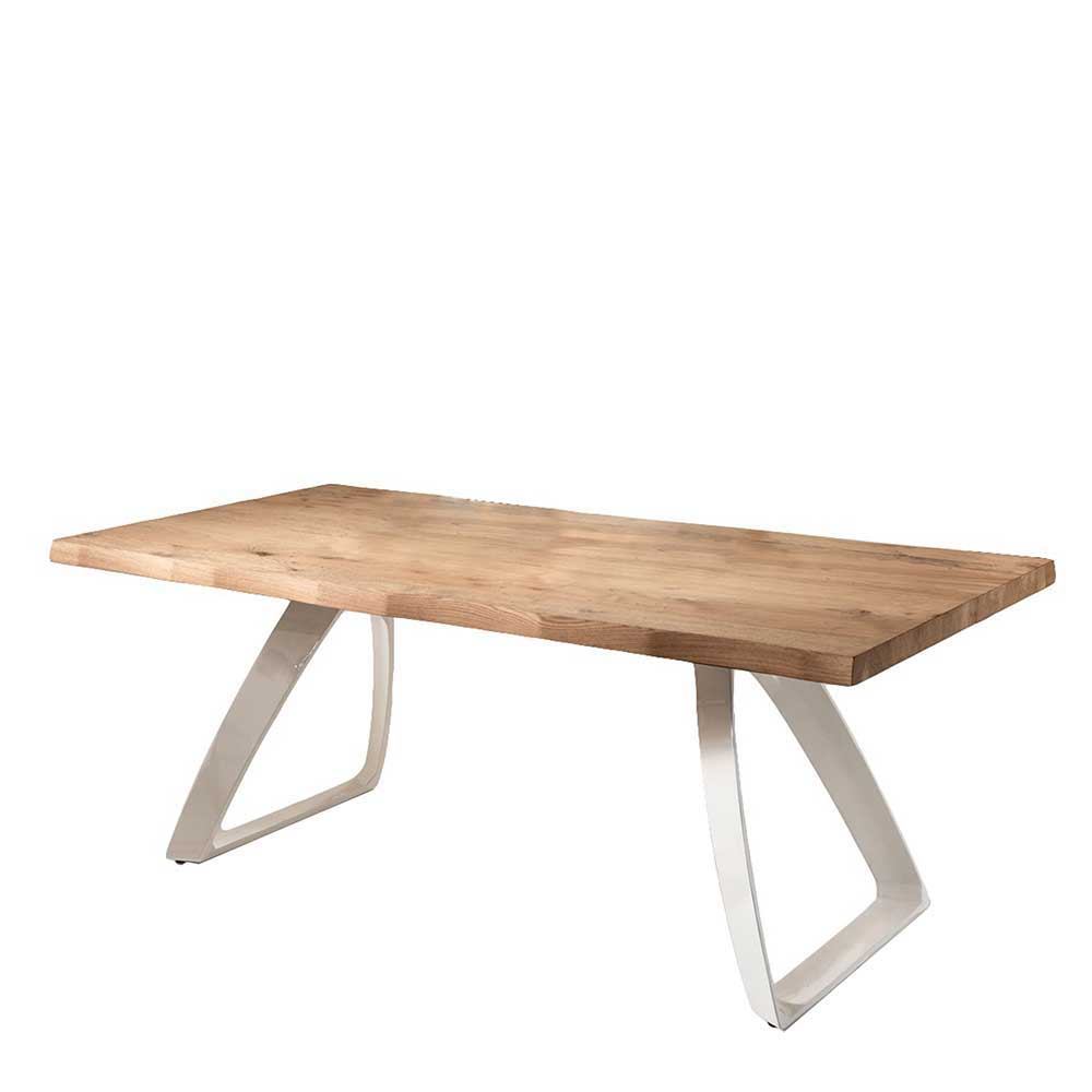 Tisch mit Baumkante Eiche Carmian & Metall Bügelgestell in Weiß