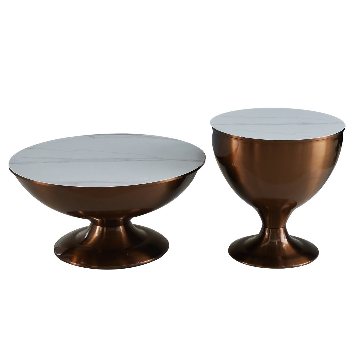 Satztisch Set mit Kelchfuß-Gestell und weißen Marmorplatten in Bronze-Optik – Leyco