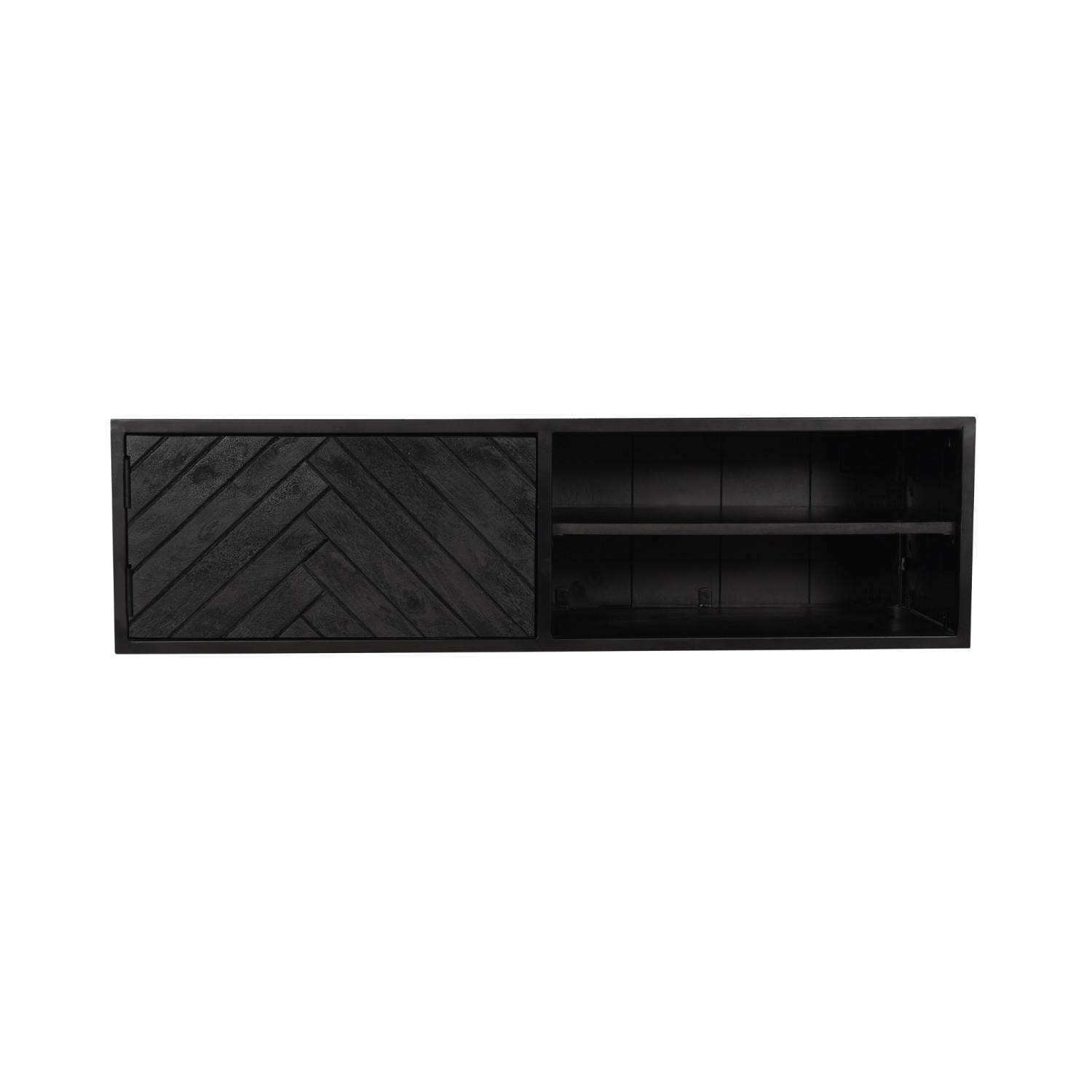 Schwarzes TV Lowboard aus Mangoholz mit Chevron-Muster und zwei offenen Ablagefächern – Lida