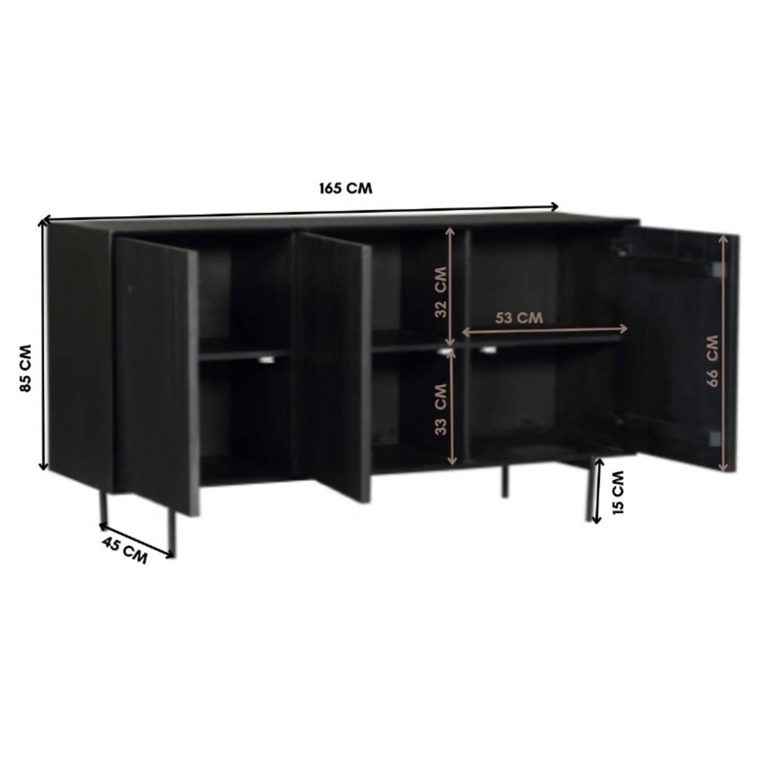 Schwarzes Sideboard mit geriffelter Front detaillierte Produktmaße – Jusitc