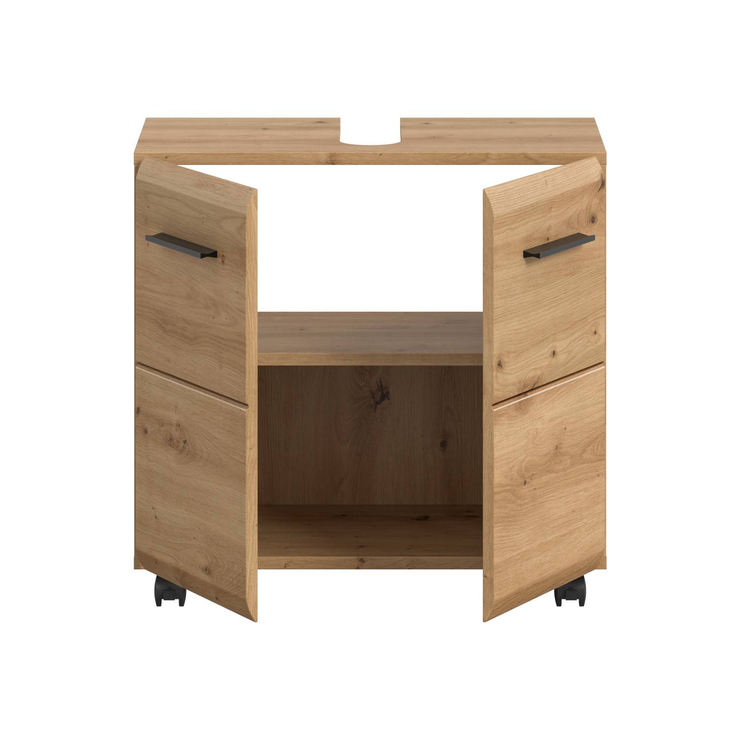 Badkommode aus Holz mit offener Tür, einem Einlegeboden und Rollen – Canopus