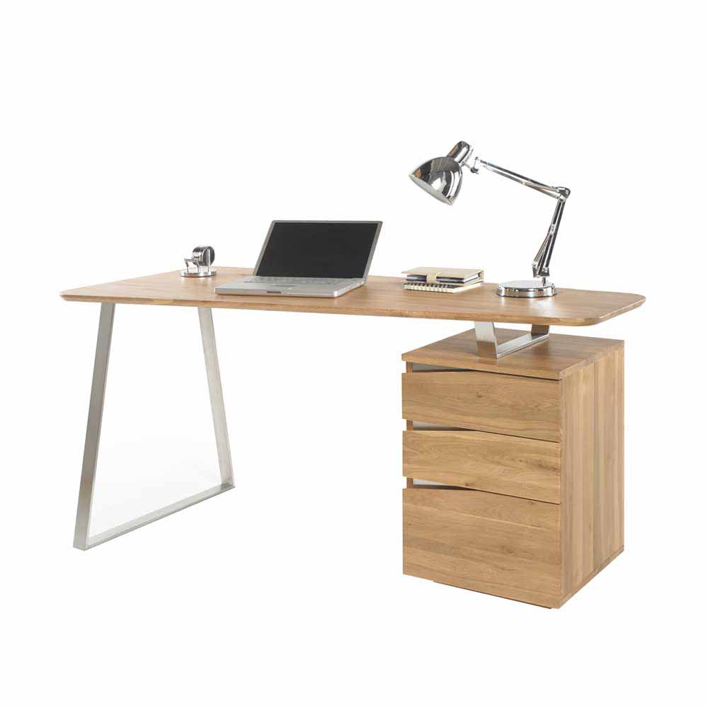 Design Schreibtisch in Asteiche teilmassiv Nileon mit 3 Schubladen