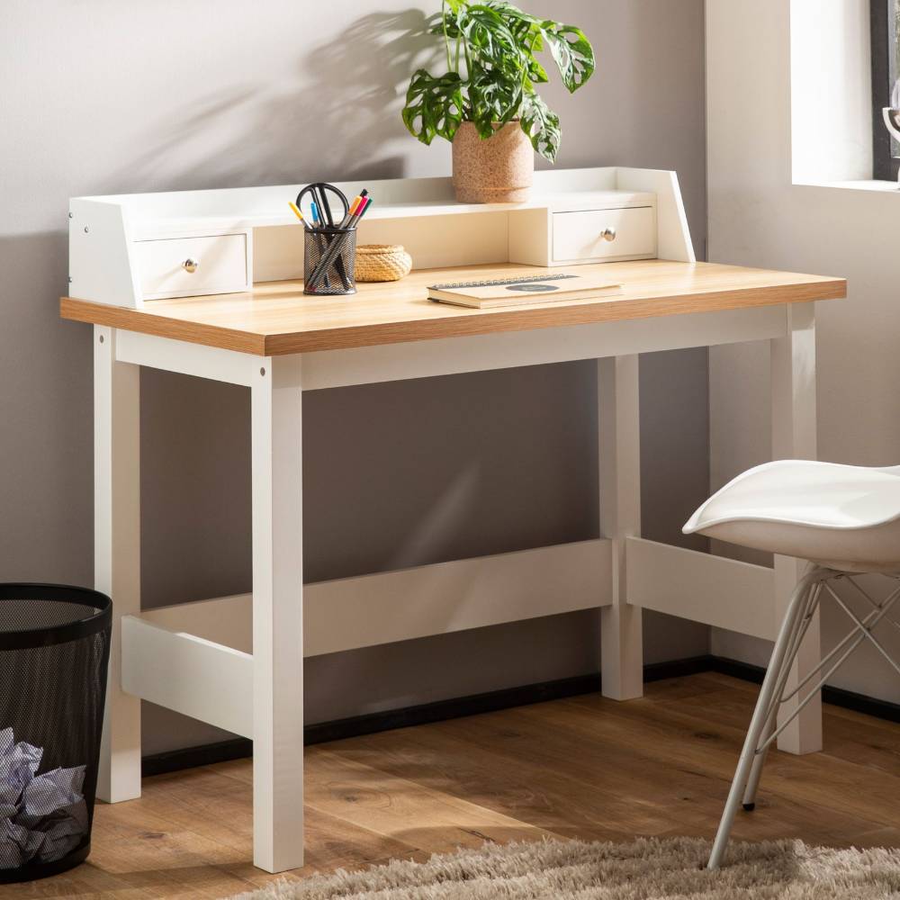Schreibtisch mit Aufsatz in Weiß und Eiche für Home Office oder Jugendzimmer – Isle