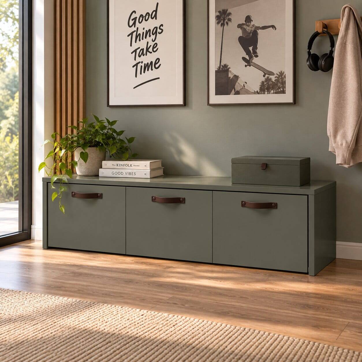 120x36x50 Bank mit drei Schubladen in Graugrün Kiefer massiv
