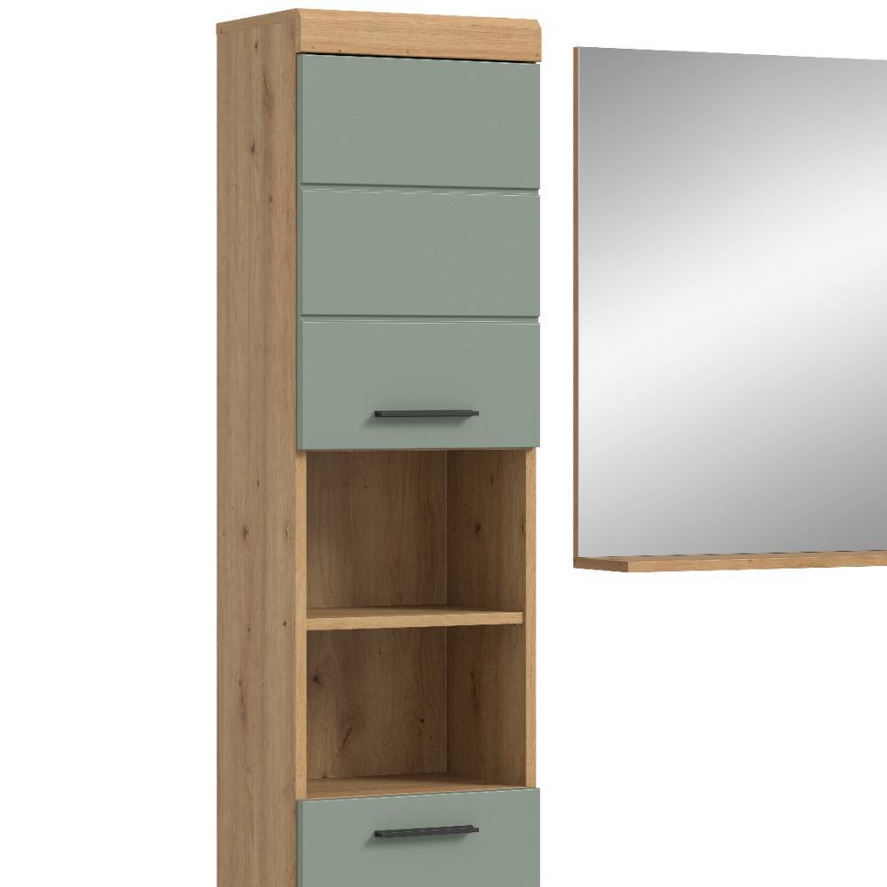 Hochschrank des Badmöbel Sets mit Schubladen und offenen Fächern in Salbeigrün und Eiche Optik – Tamdato