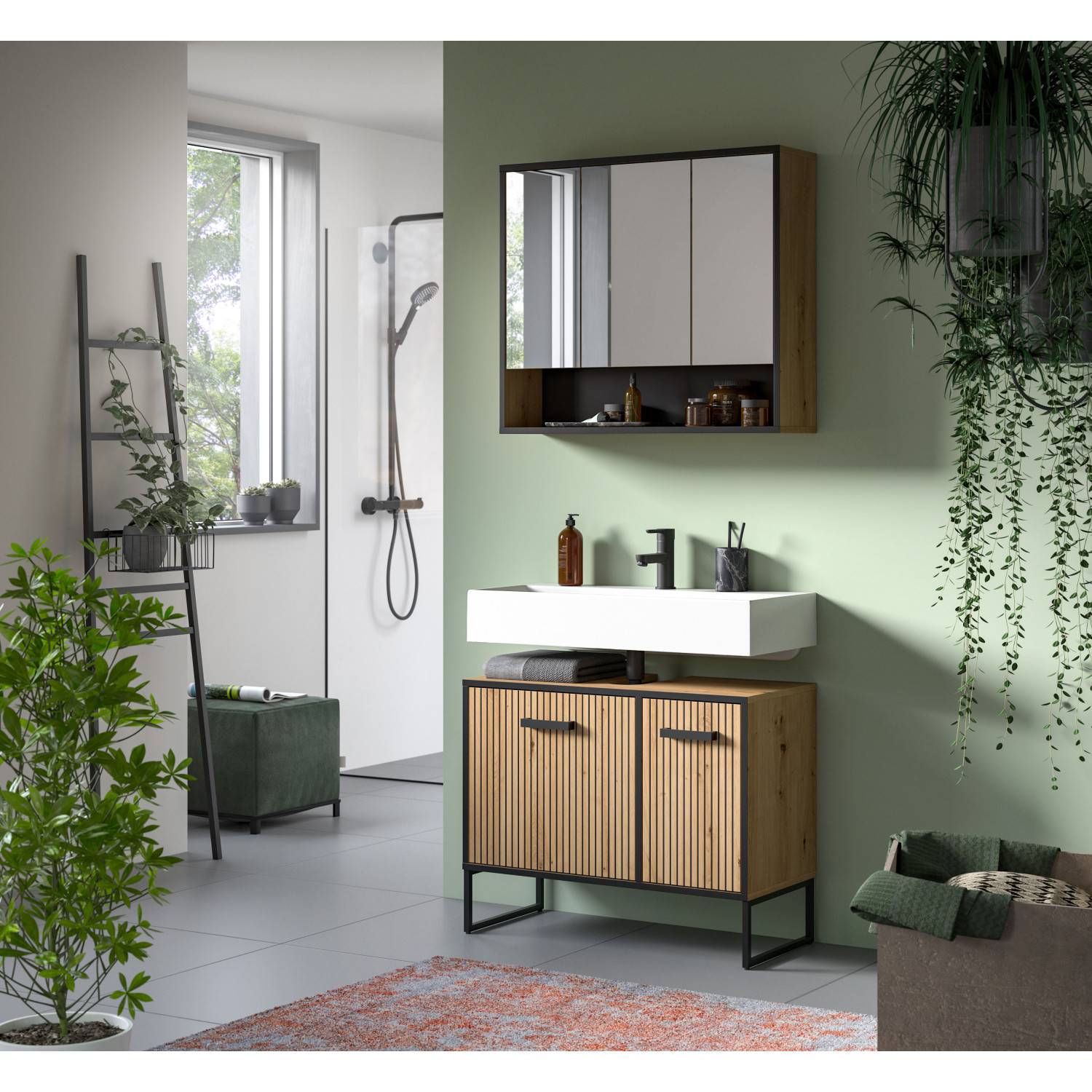 Modernes Waschplatz Set mit Spiegelschrank und Waschtischunterschrank mit Lamellenfronten im Badezimmer – Brutannia