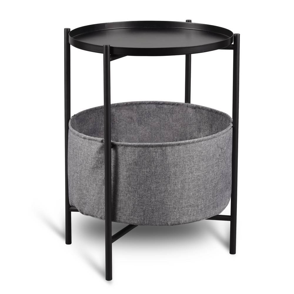 Moderner runder Metall-Tabletttisch in Schwarz mit integrierter grauer Stoff-Ablage – Medita
