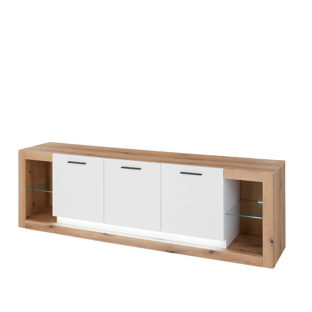 Modernes Sideboard des Wohnwand Sets mit geschlossenen weißen Türen und Holzrahmen – Adejano