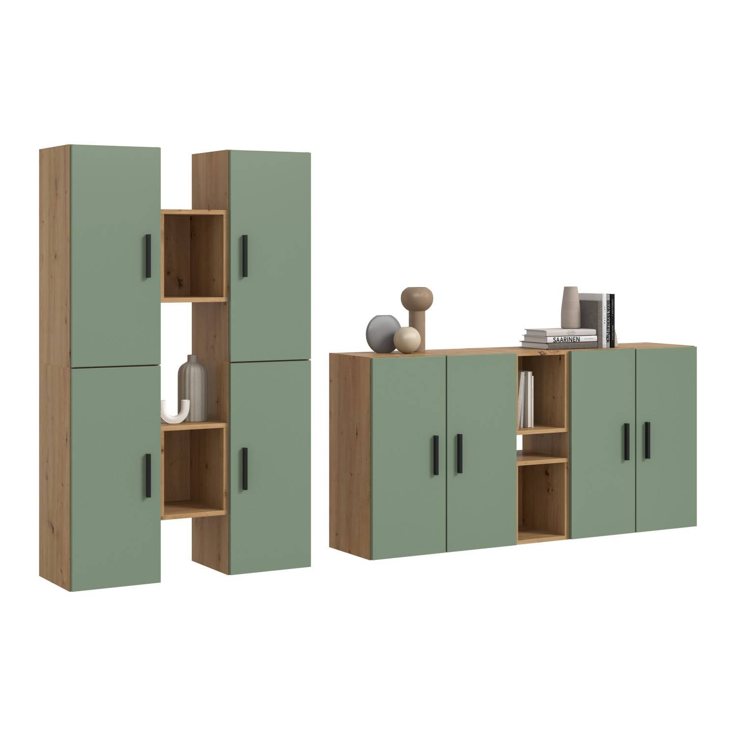 Moderne vierteilige Wohnzimmer Anbauwand in mattem Grün und Holzdekor mit geschlossenen Türen – Jonni
