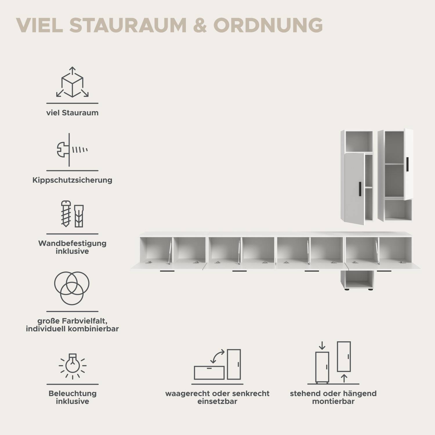 Flexible modulare Fernsehwand mit viel Stauraum, Wandbefestigung und variablen Montagemöglichkeiten – Actionsa