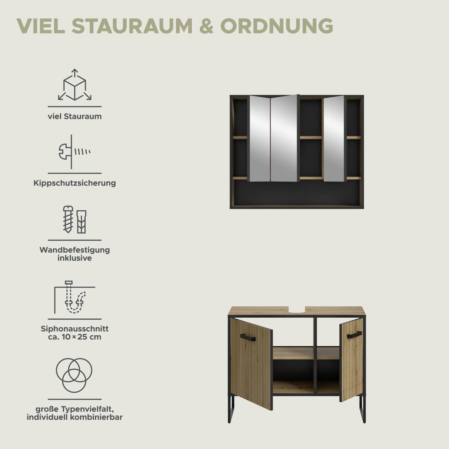Waschplatz Set mit Lamellenfronten, Spiegelschrank und Unterschrank, Merkmale und Vorteile – Brutannia