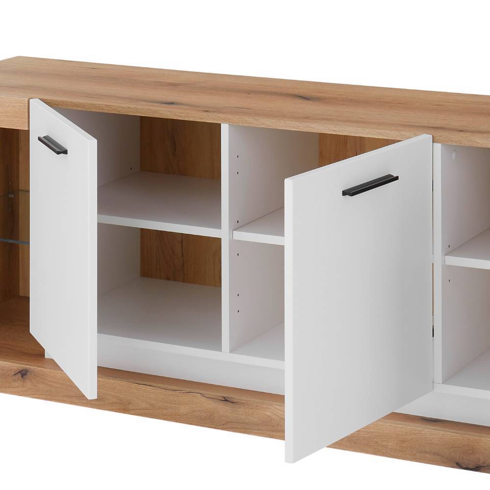 TV-Lowboard mit offenen Türen, viel Stauraum und praktischen Schrankfächern in Mattweiß und Holzoptik – Adejano