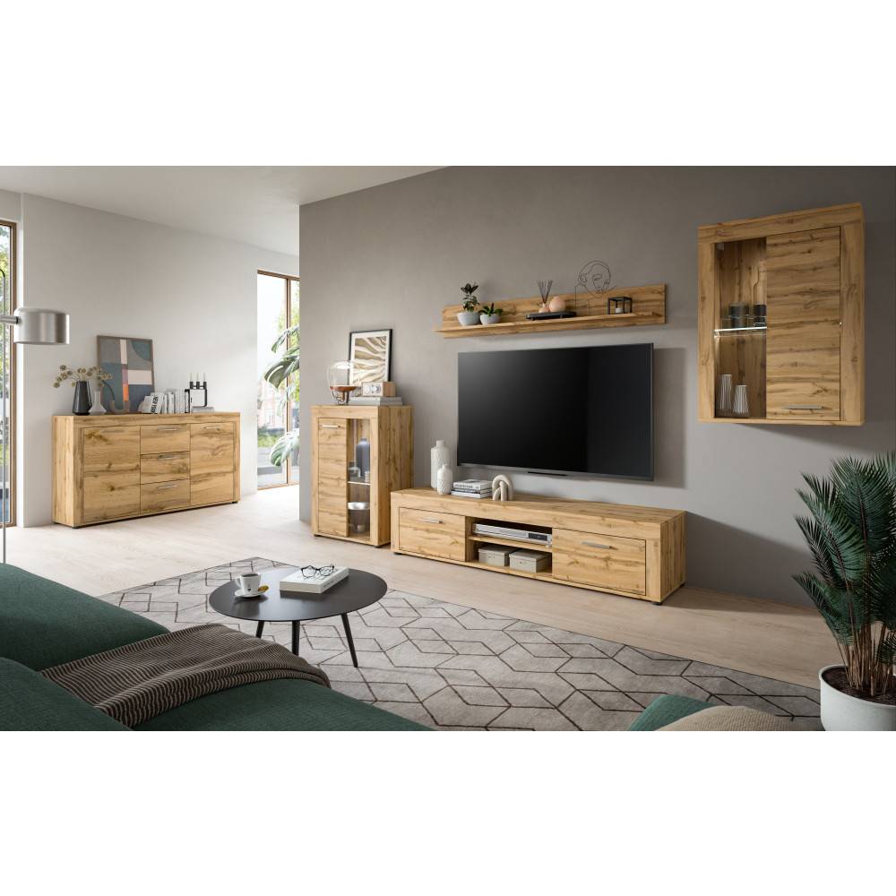 Wohnzimmer Anbauwand in Eichenholzoptik mit Lowboard, Hängeschrank und Regal – Ianovar