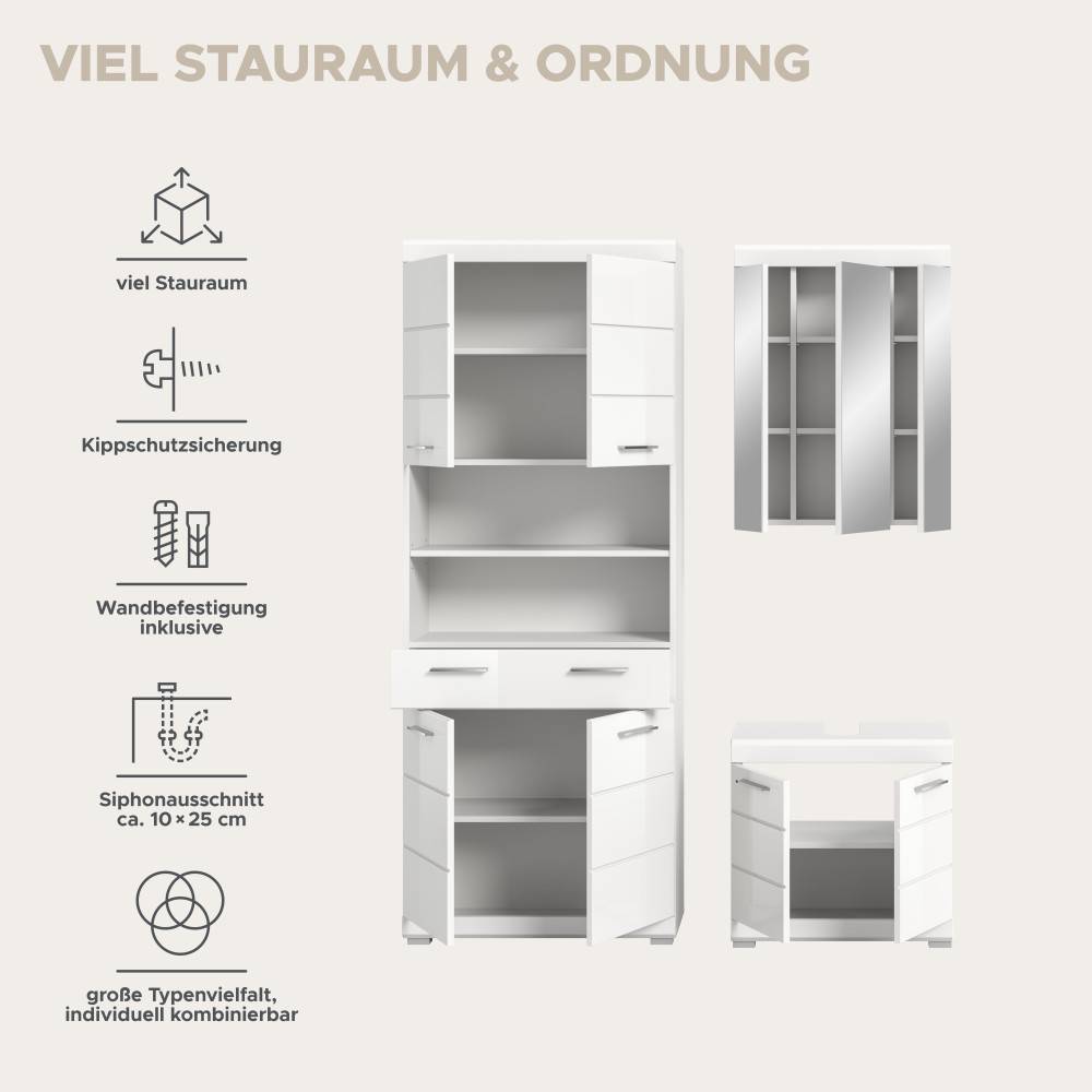 Badezimmermöbelset mit viel Stauraum, Kippschutzsicherung und Siphonausschnitt – Henriette