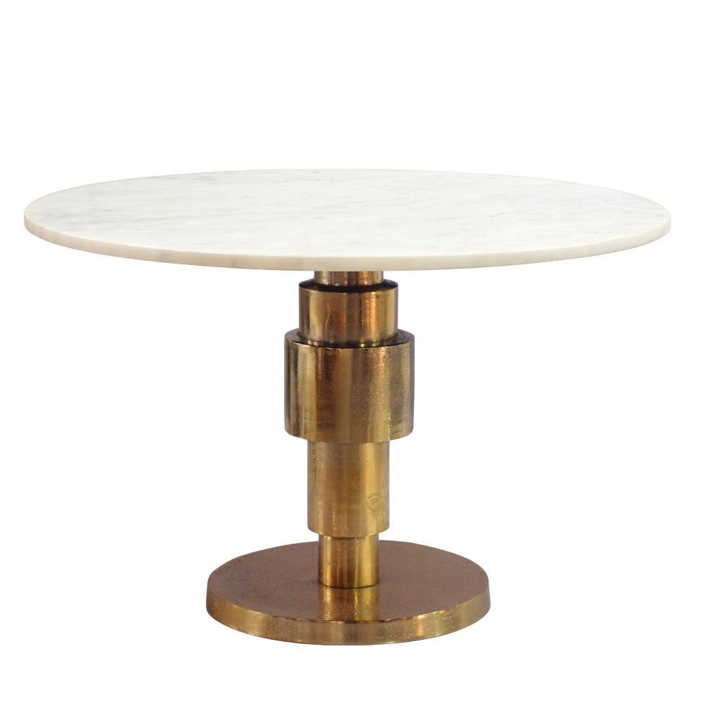 Weißer Marmor Couchtisch mit elegantem goldenem Aluminium Säulengestell – Iliavos