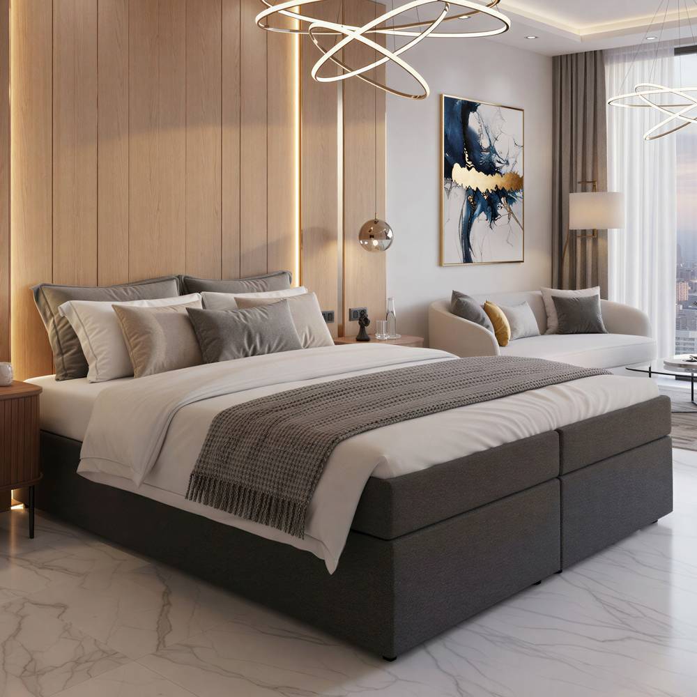 Boxspringbett in Dunkelgrau Webstoff - Cempino