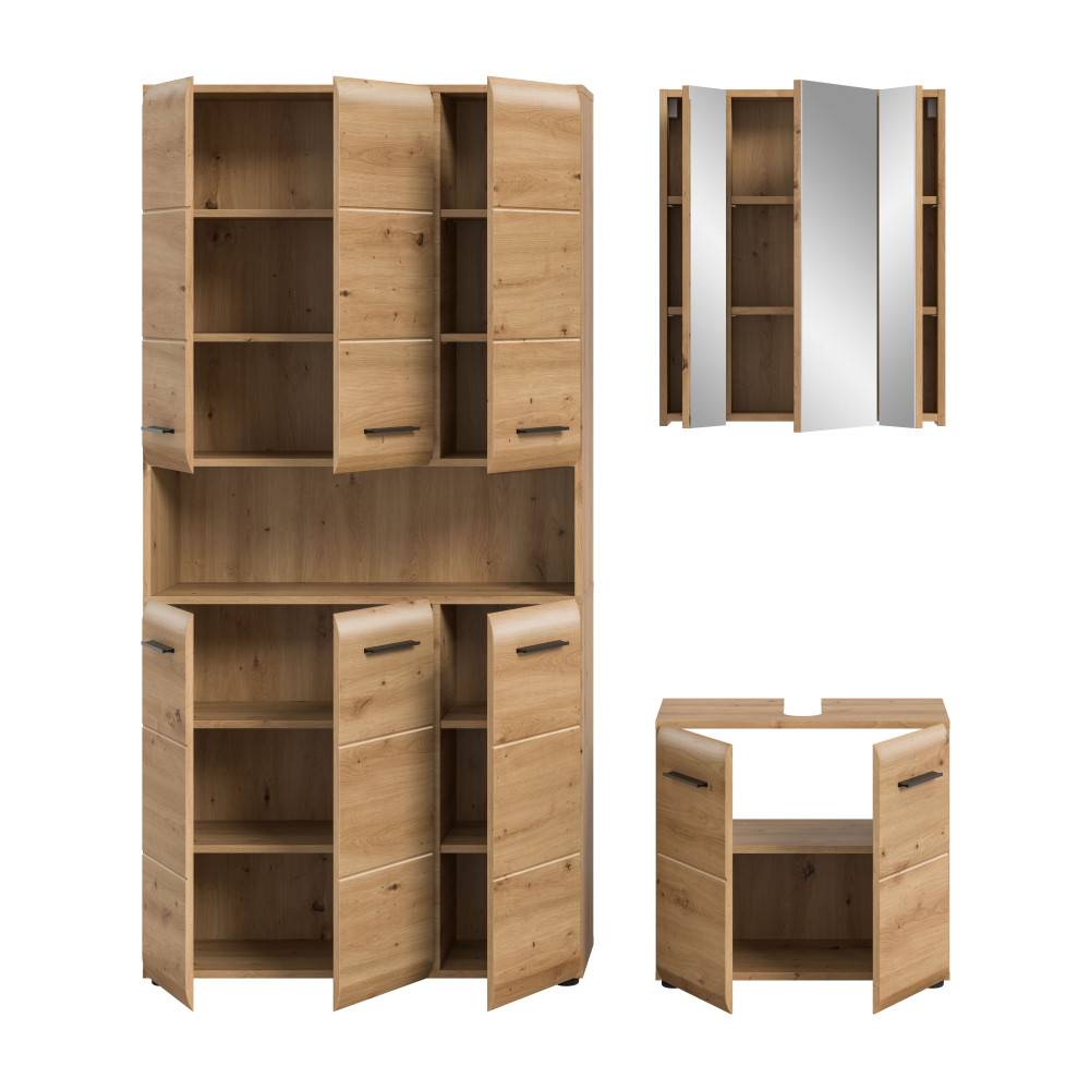 Dreiteiliges Badmöbel Set mit geöffneten Türen und sichtbaren Regalfächern aus hellem Holz – Canopus