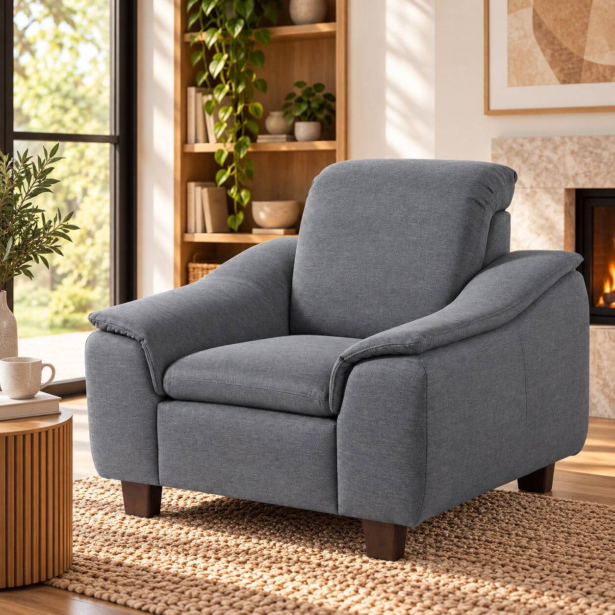 Wohnzimmer Sessel in Jeansblau und Nussbaum - Ilea