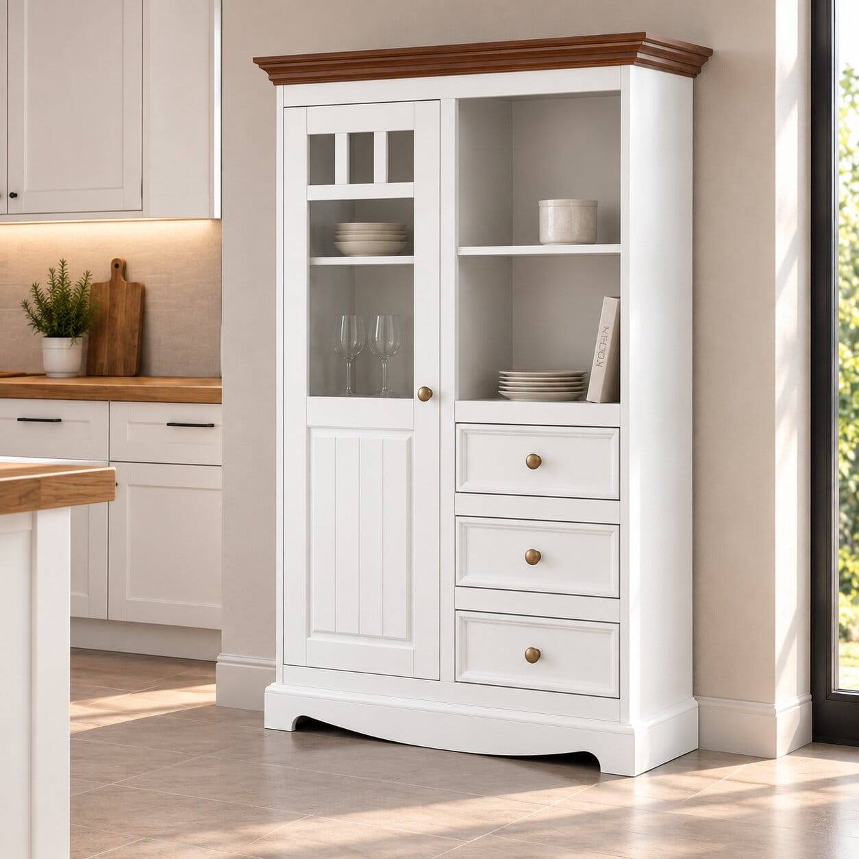Landhaus Highboard in Weiß und Nussbaum Braun - Manipur