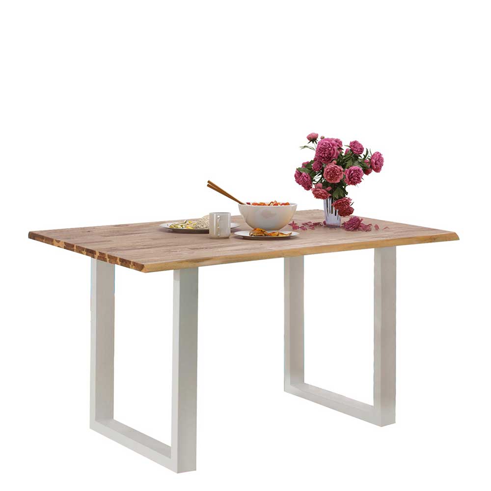 140x85 Akazie Holztisch mit weißem Bügelgestell - Ohson