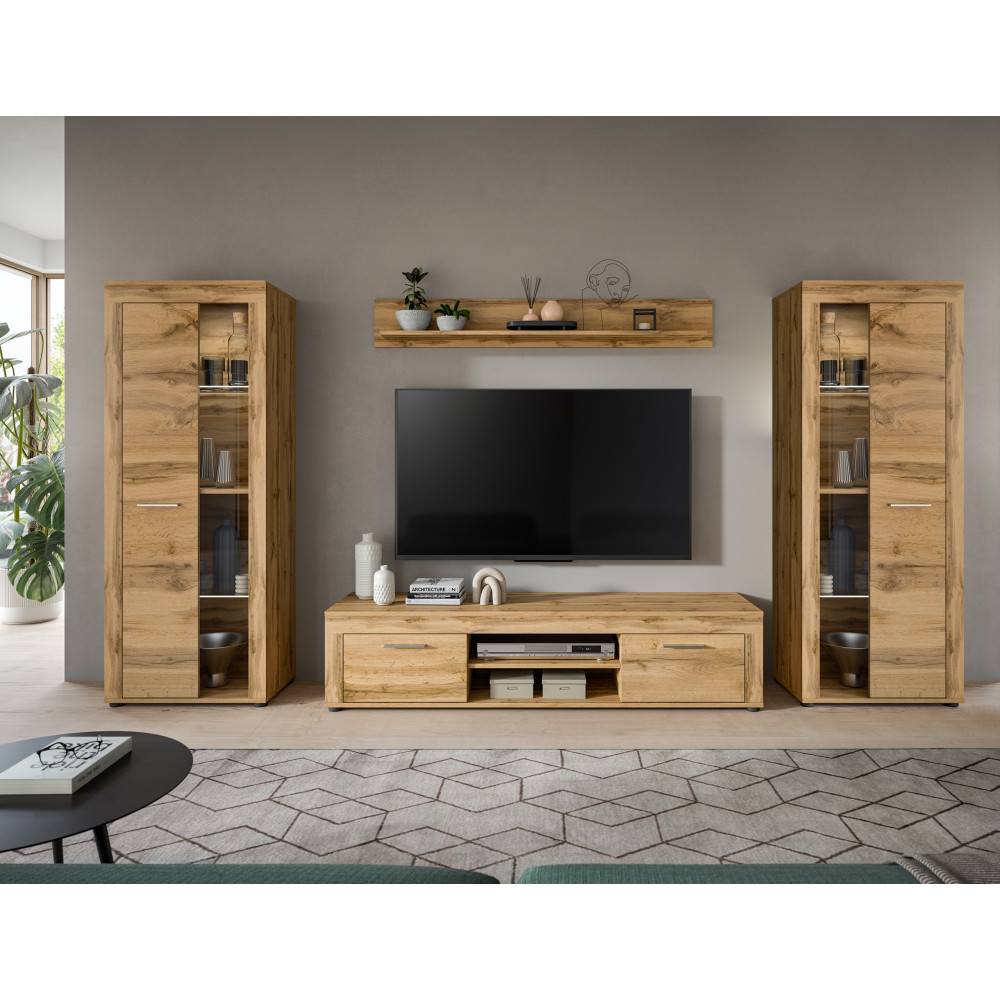 Modernes Wohnzimmer mit vierteligem Möbelset aus Wotan Eiche und TV-Möbel – Ianovar