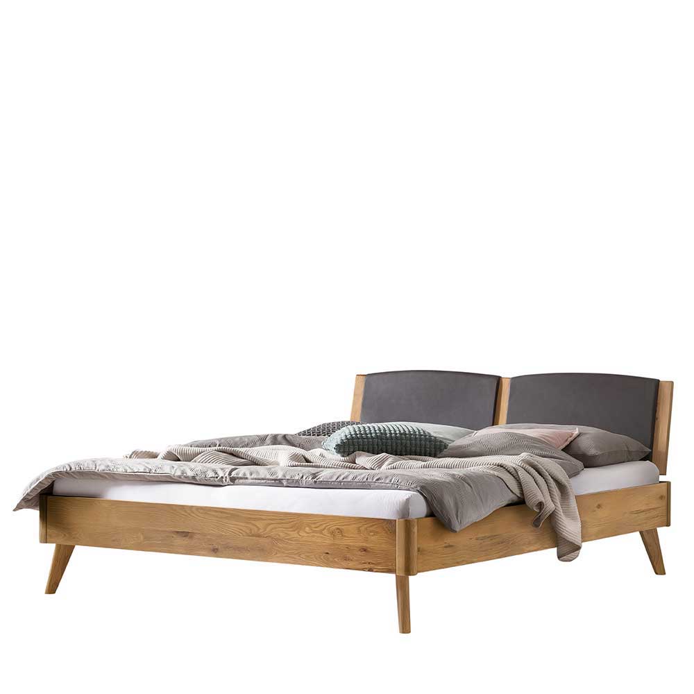 Wildeiche Bett mit Kopfteilpolstern in Grau - Luxuria