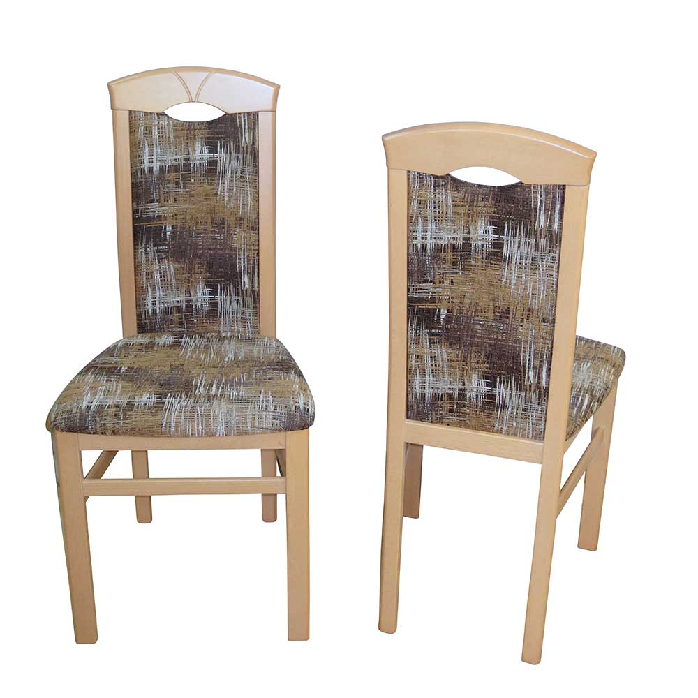 Holz Stuhl für Esszimmer Karoline mit Musterstoff Braun Beige (2er Set)