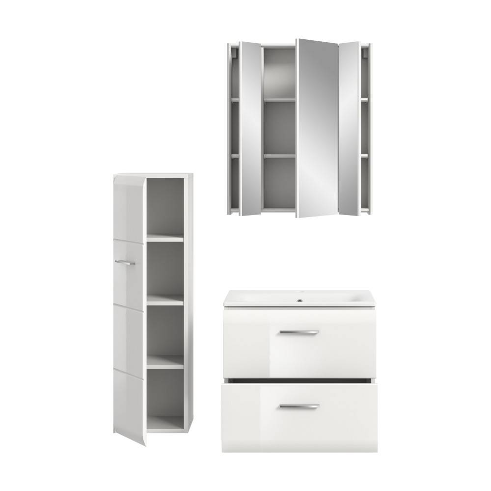 Weißes dreiteiliges Waschplatz Set mit Spiegelschrank, Hochschrank und Waschtischunterschrank – Clona