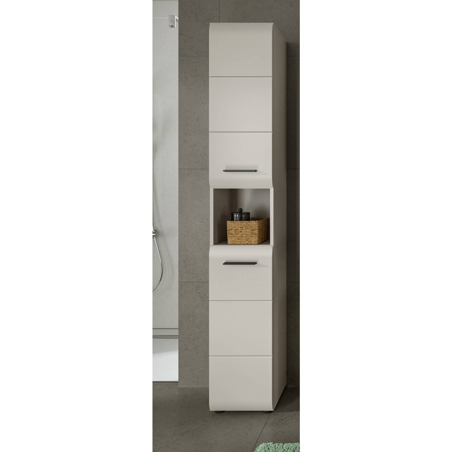 Hochschrank für das Badezimmer in Kaschmir Optik mit offenem Ablagefach – Donostia