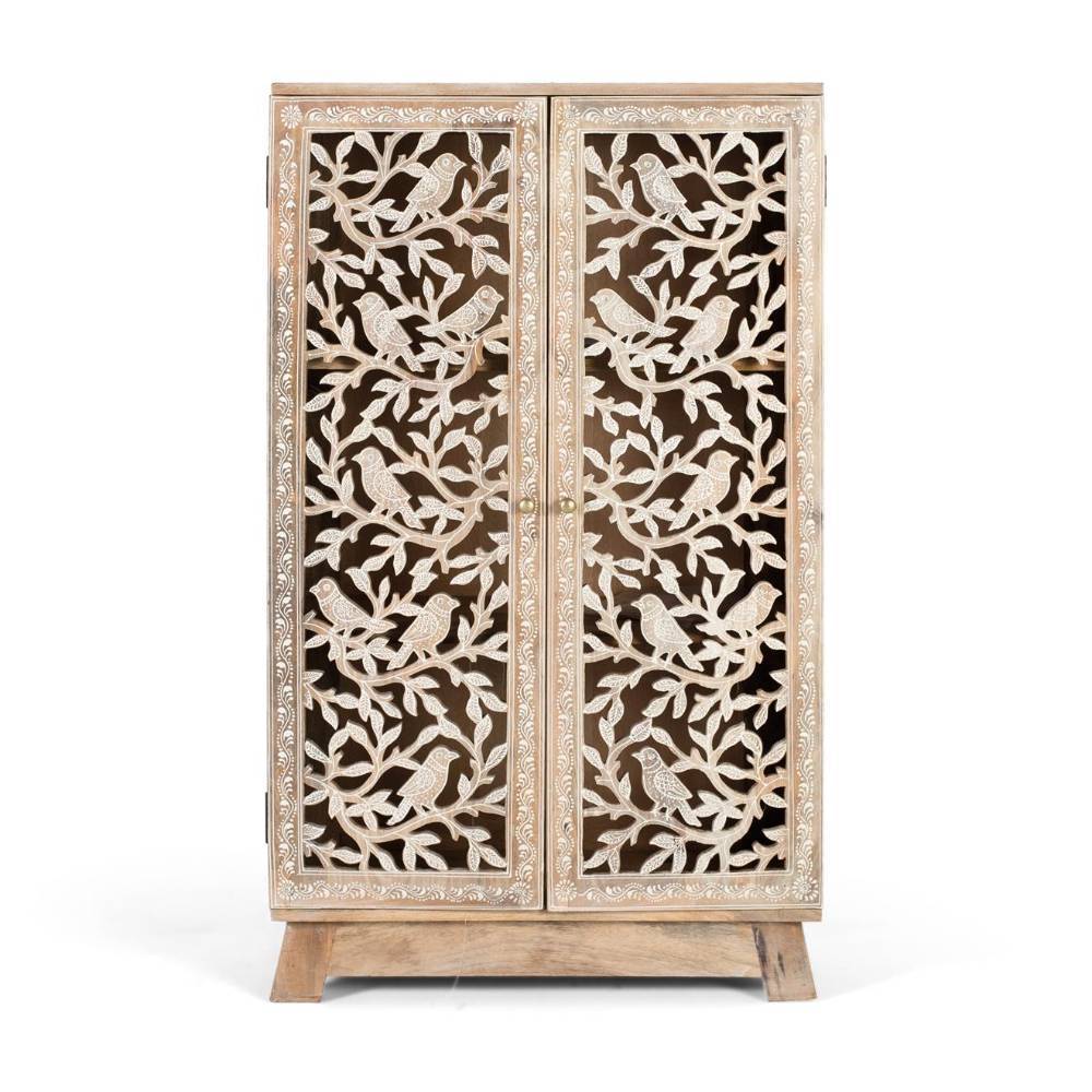 Highboard aus hellem Mangoholz mit zwei geschlossenen T 00fcren und filigranen Vogel- und Astschnitzereien 00f 002 002 Nowy