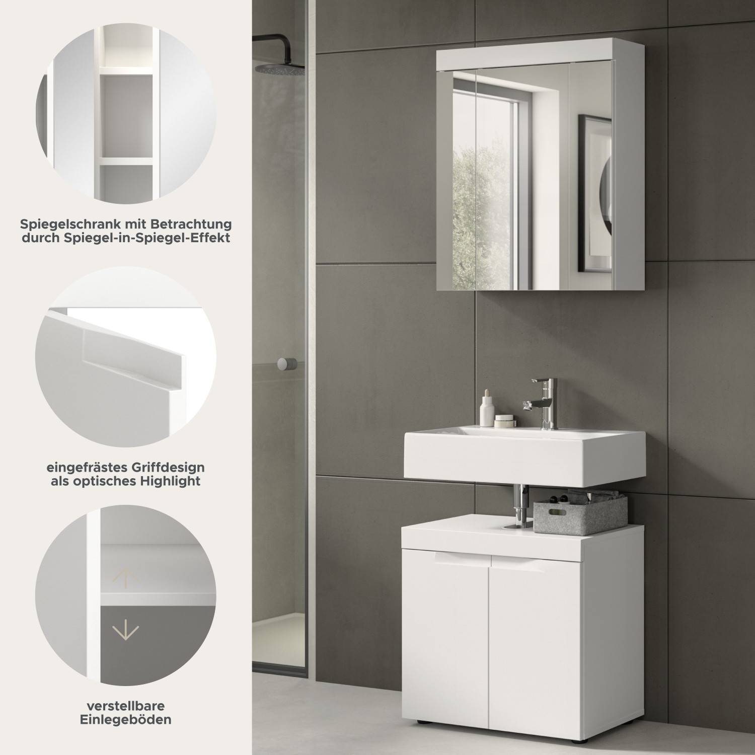 Spiegelschrank mit Spiegel-in-Spiegel-Effekt und Unterschrank mit eingefrästem Griffdesign – Bruna