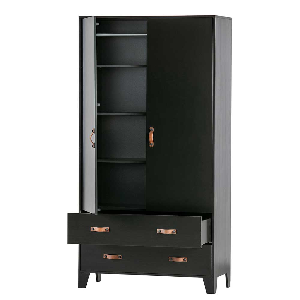 Schwarzer Schlafzimmerschrank mit linker Tür und oberer Schublade geöffnet, Stauraum – Ilvessino