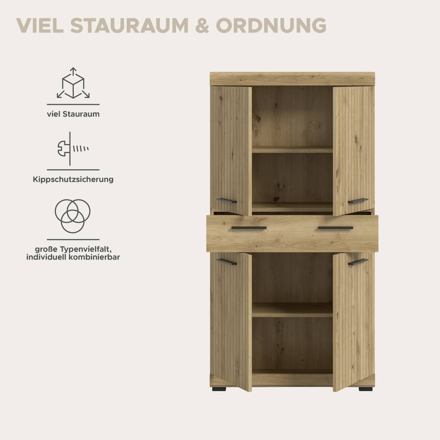 Hochschrank mit viel Stauraum, Kippschutzsicherung und flexiblen Kombinationsmöglichkeiten – Lasewood